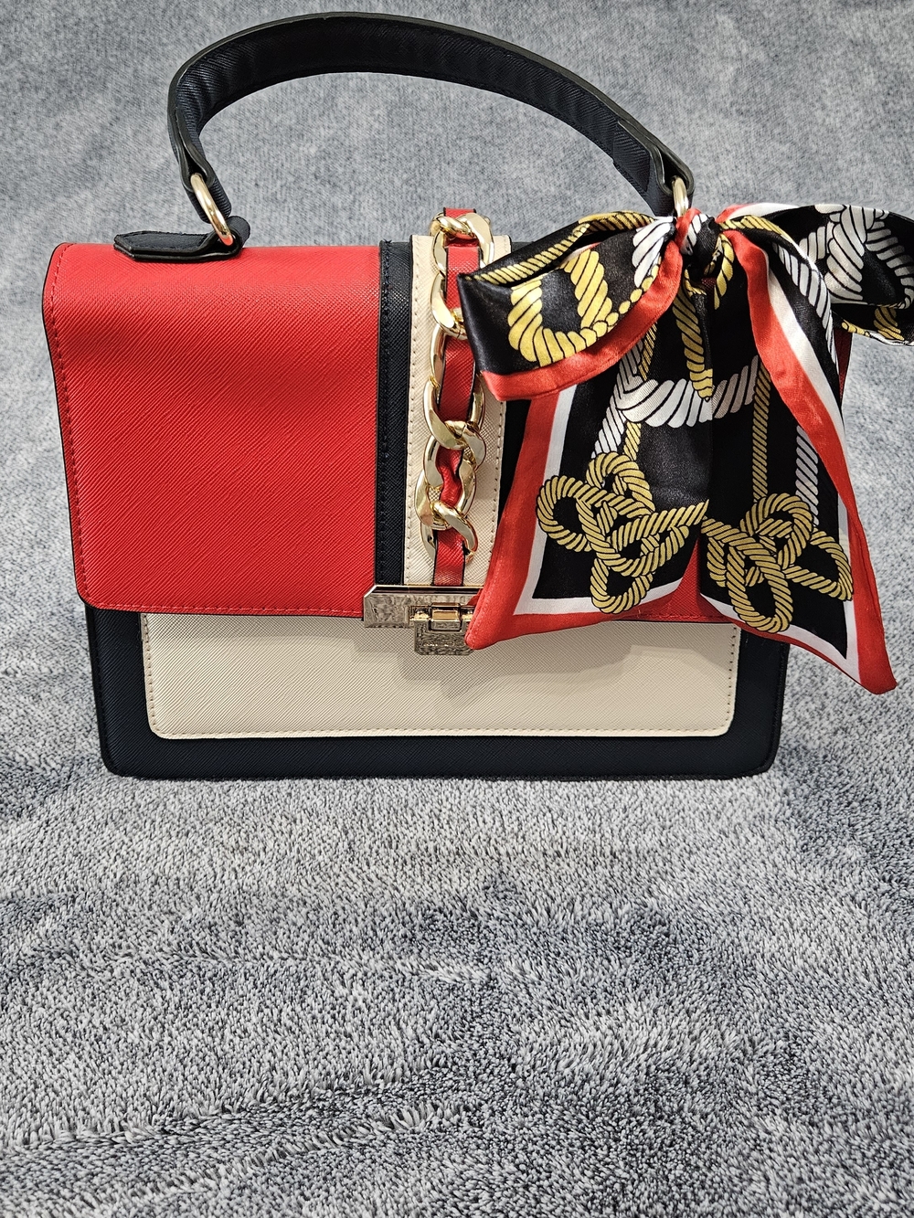 Aldo Red, Cream & Black Top-Handle Satchel with Scarf Accent